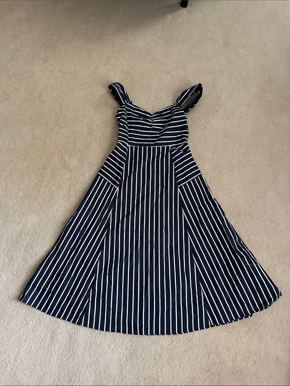 Navy & White Striped Midi Dress - Sleeveless A-Line